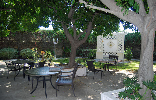 A serene outdoor garden space with tables and chairs under a tree, perfect for relaxation.