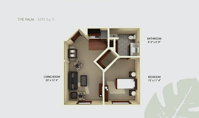 A 3D-rendered floor plan of a small apartment featuring living room, kitchen, bedroom, and bathroom.