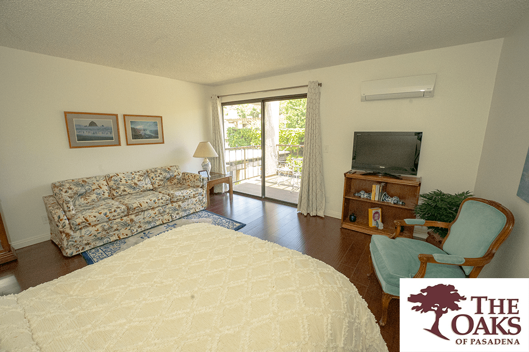 A cozy bedroom with a bed, sofa, TV, and sliding glass doors leading to a garden.