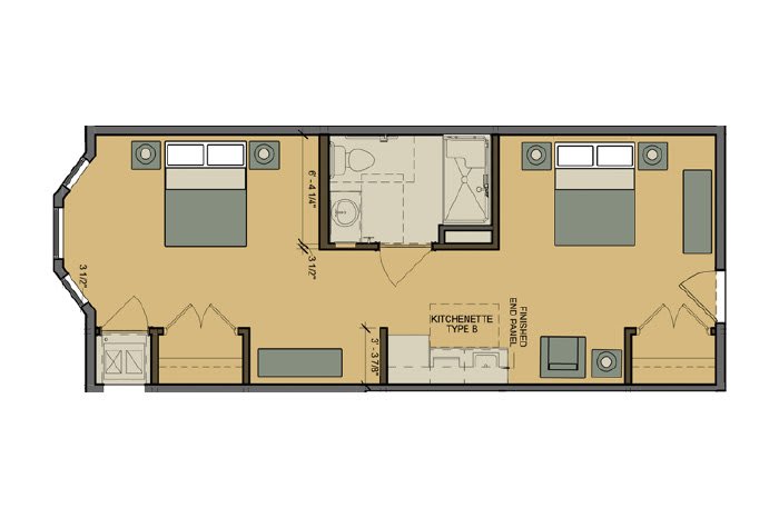 A simple floor plan showing the layout of two bedrooms, a bathroom, and a living area.