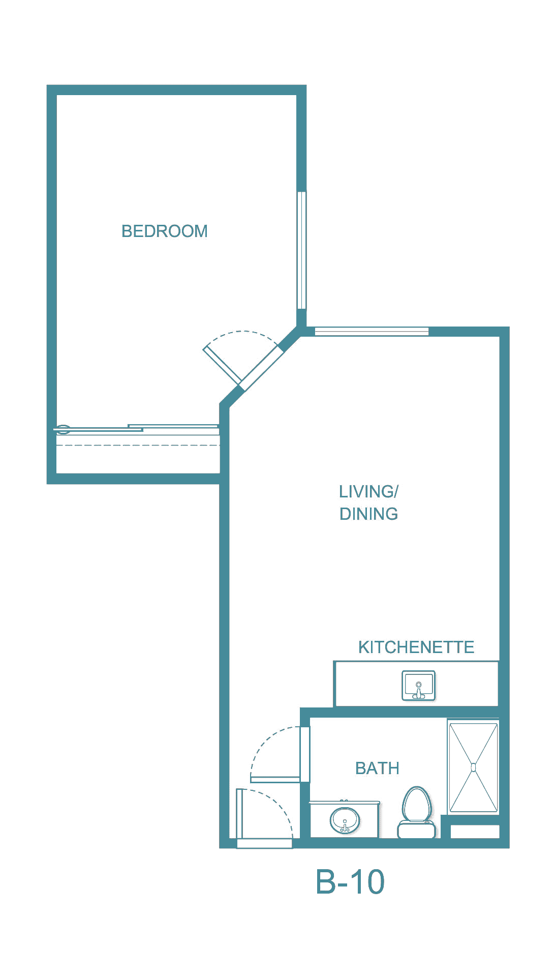 A simple floor plan of a 1-bedroom apartment featuring a living/dining area and a kitchenette.