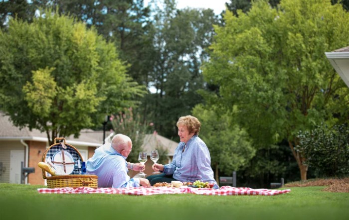 An elderly couple enjoying a picnic in the park on a sunny day.