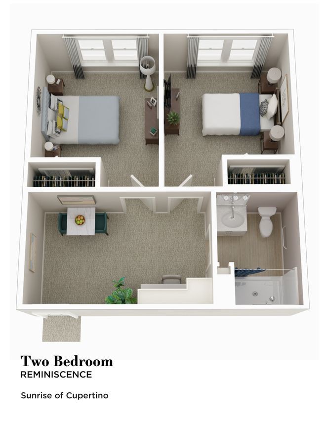 A two-bedroom apartment floor plan with a living area and bathroom.