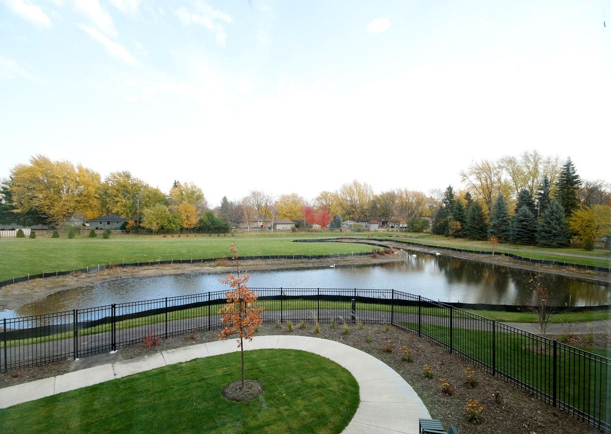 A serene landscape featuring a pond surrounded by lush greenery and a winding pathway.
