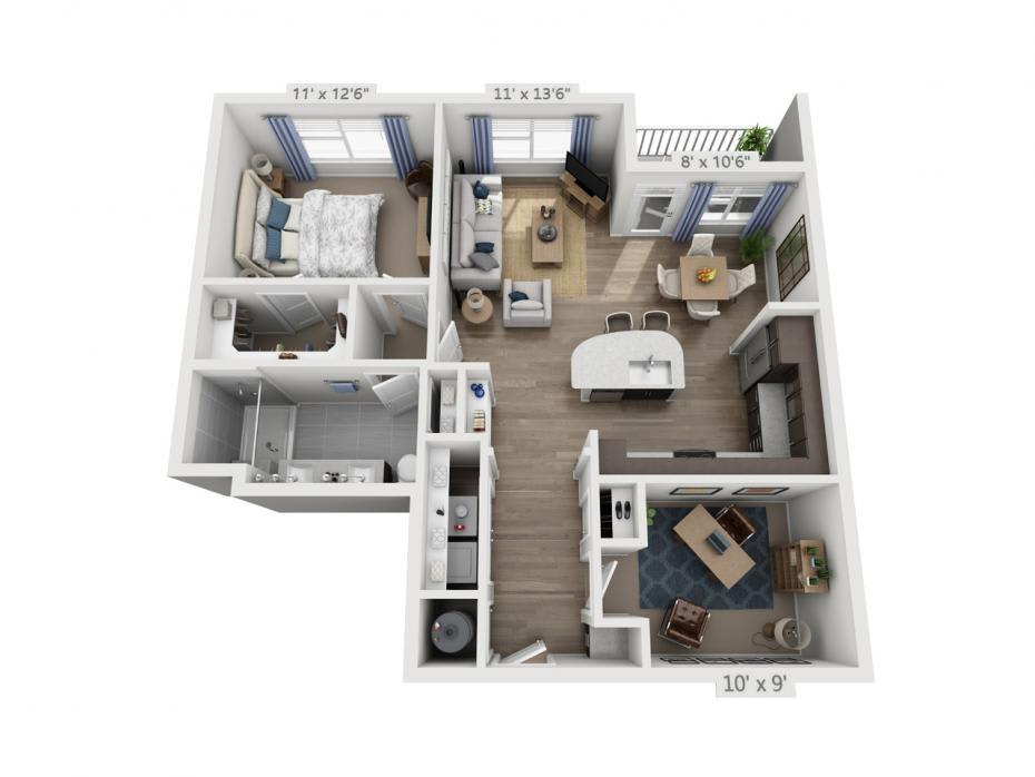 3D floor plan of a modern apartment featuring a bedroom, living room, kitchen, and bathroom.