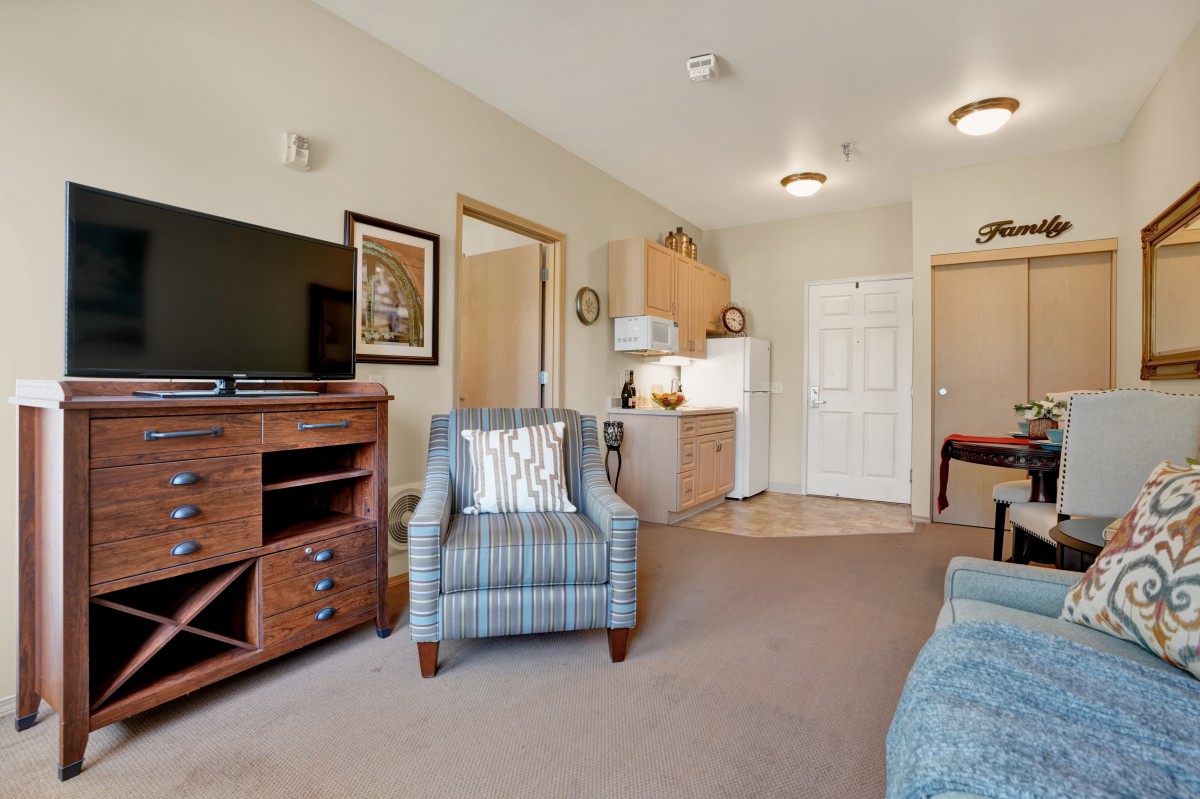 A cozy apartment living room with a television, armchair, and kitchen area.