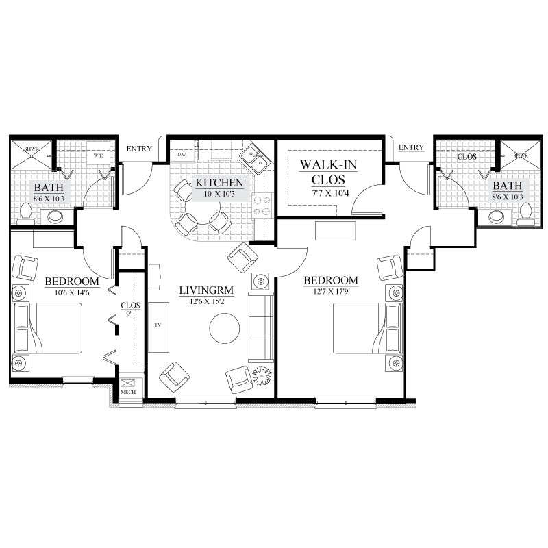 A detailed floor plan of a two-bedroom apartment featuring a living room, kitchen, and bathrooms.