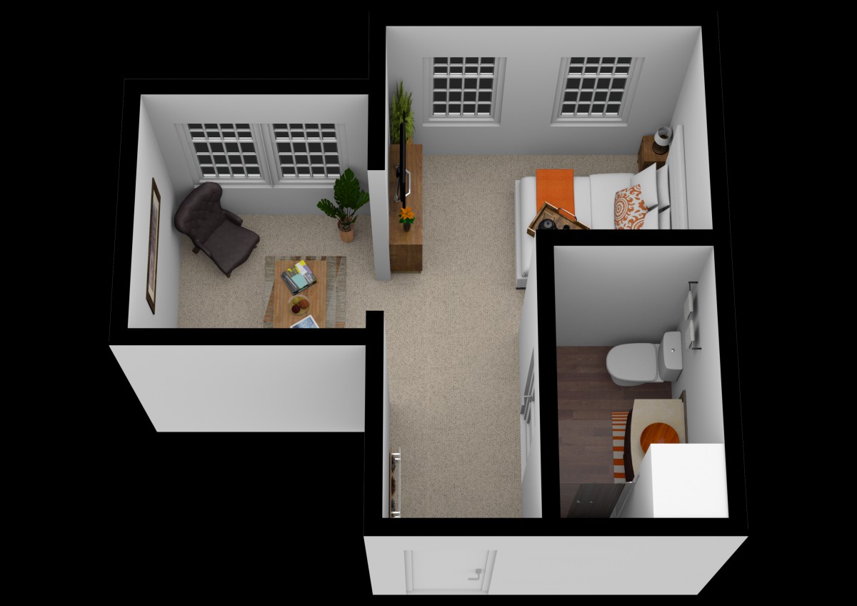 3D floor plan of a small apartment with a bedroom, living area, and bathroom.