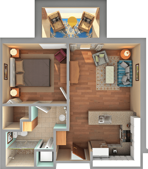 A 3D floor plan of a one-bedroom apartment with a living room, kitchen, bathroom, and balcony.