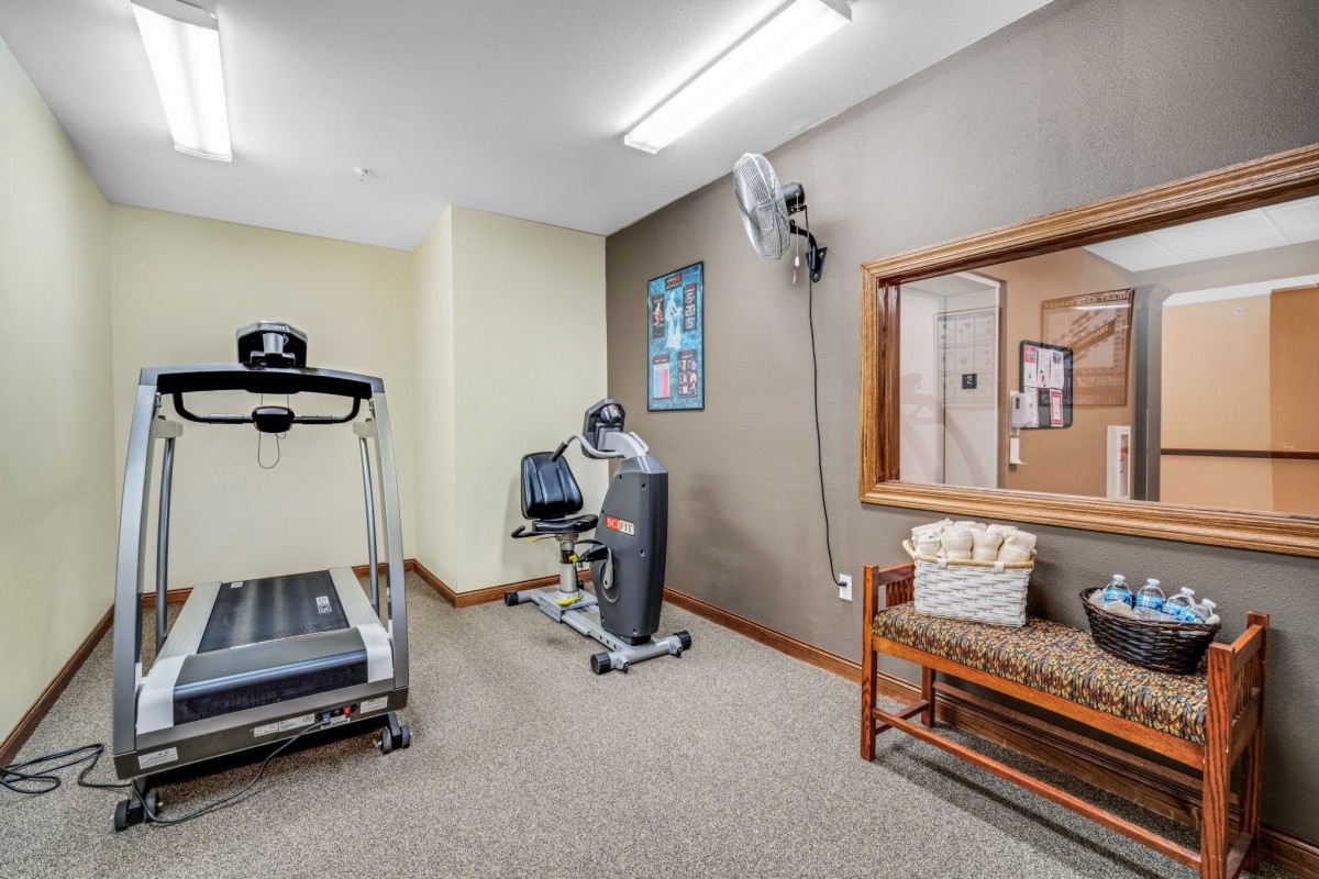 A compact workout room equipped with a treadmill and a stationary bike.