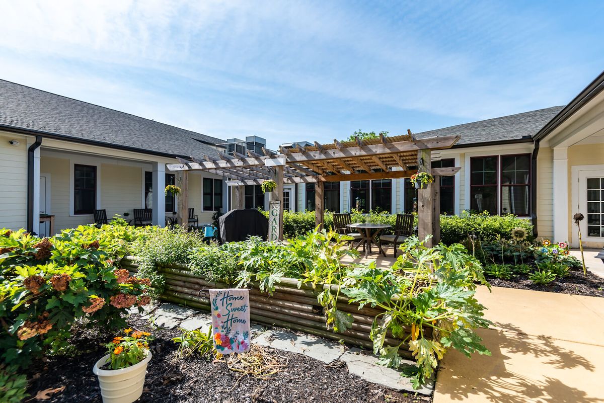 A beautiful courtyard garden featuring a wooden pergola surrounded by lush vegetation and potted plants.