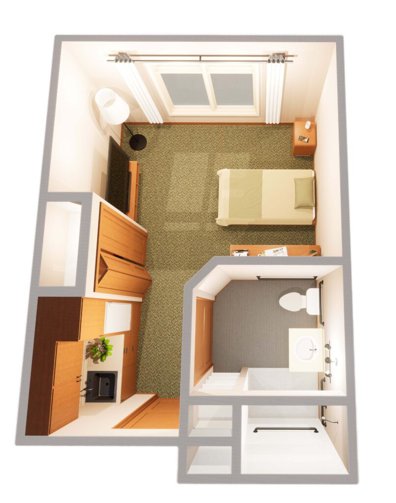 A top-down view of a single-room floor plan with a bed, desk, and bathroom.