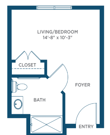 A floor plan of a studio apartment featuring a living/bedroom area, closet, bathroom, and foyer.