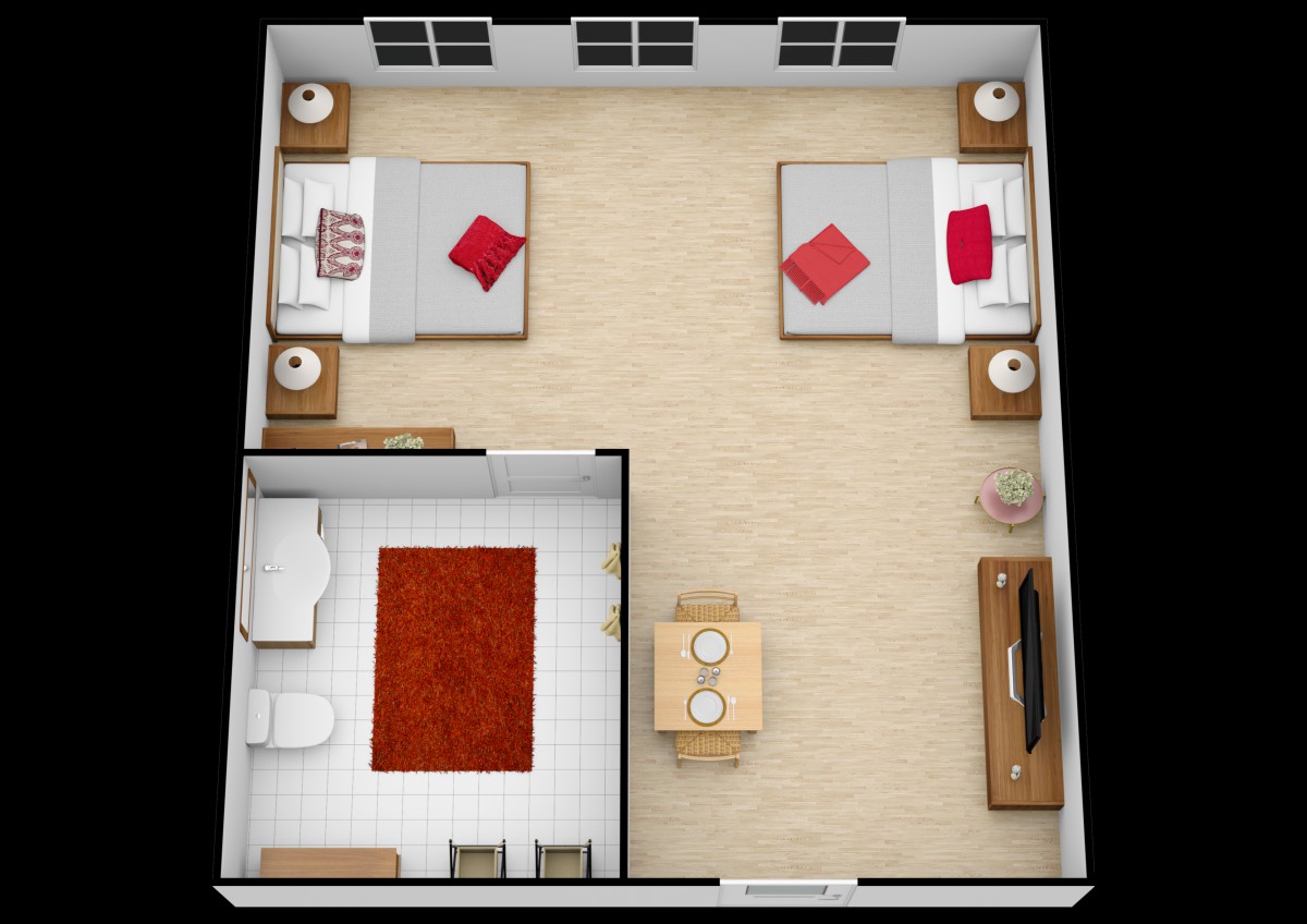A floor plan featuring a bedroom with two beds, nightstands, a bathroom, a small dining area, and a television stand.