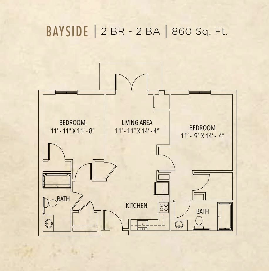 Floor plan of a Bayside apartment featuring 2 bedrooms and 2 bathrooms over 860 square feet.