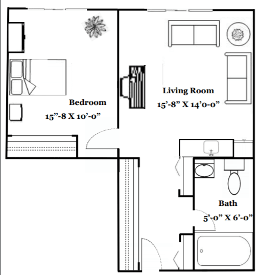 A floor plan of a one-bedroom apartment featuring a living room, bedroom, and bathroom.