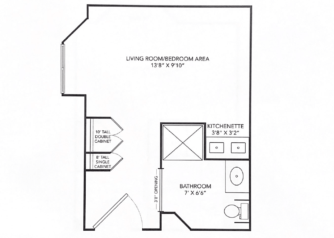 Floor plan of a studio apartment with living area and bathroom.