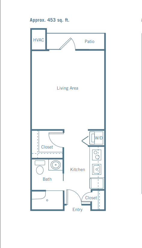 Studio apartment floor plan with kitchen, bathroom, and living area.