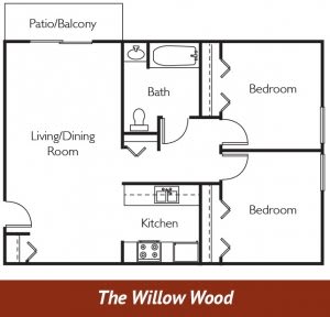 The floor plan of a two-bedroom apartment named 'The Willow Wood' featuring a patio/balcony, living/dining room, kitchen, and bathroom.