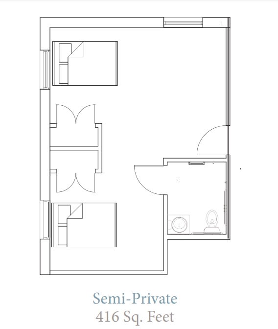 This is a floor plan of a semi-private room with two beds and an attached bathroom.
