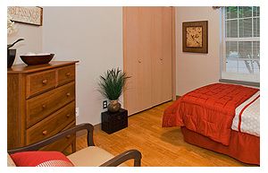 Cozy bedroom with a dresser and bed, featuring warm tones and simple decor.