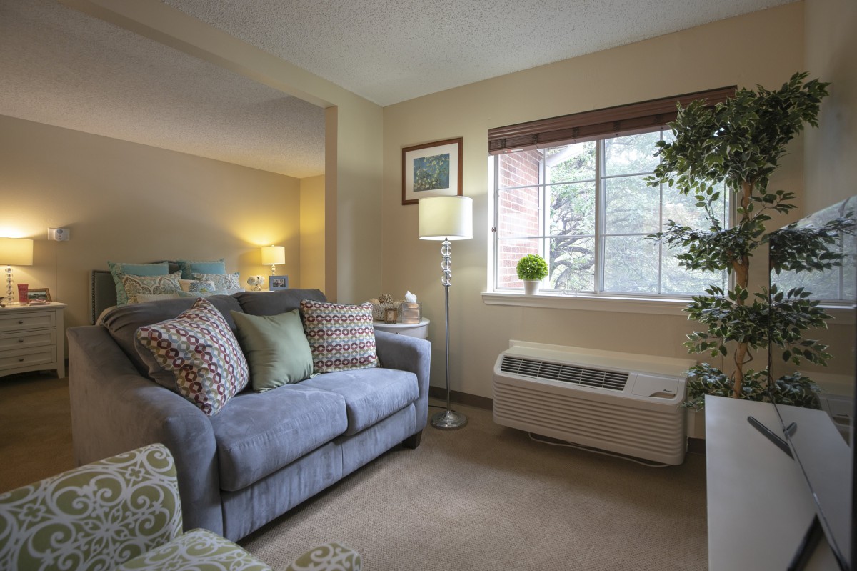 A cozy living room with a comfortable sofa, decorative pillows, and a large window letting in natural light.
