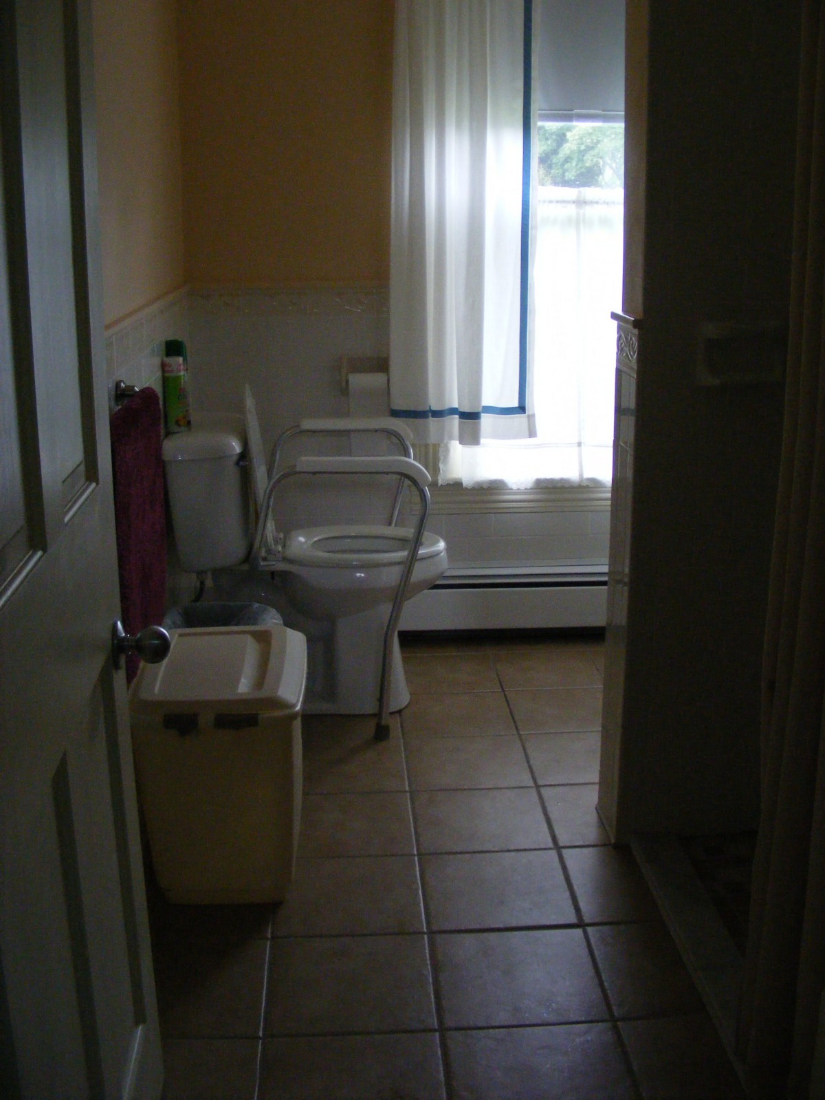 A bathroom interior with a toilet and sink near a window.