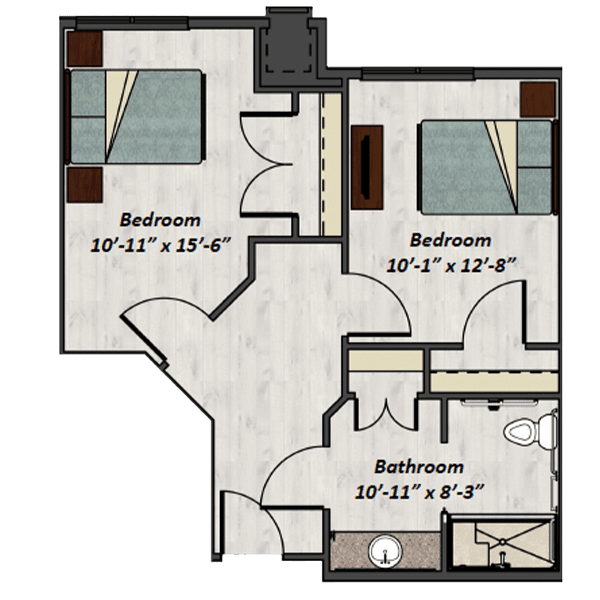 Floor plan of an apartment featuring two bedrooms and a bathroom.