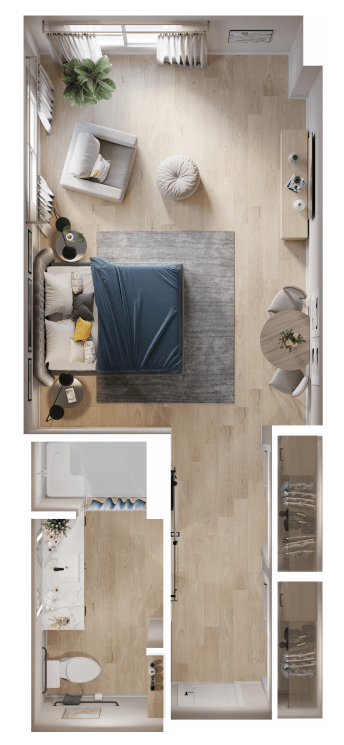 A modern bedroom floor plan featuring a bed, side tables, and seating area.