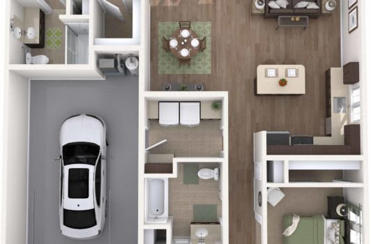 A detailed floor plan showcasing the layout of a modern home with a garage, living area, kitchen, and bedrooms.