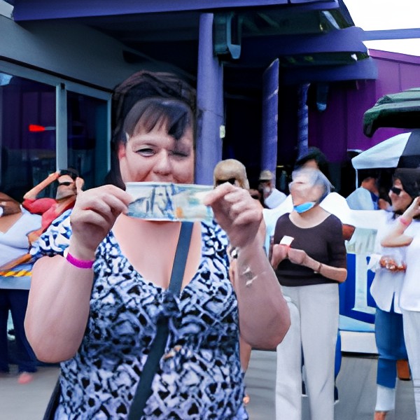 A woman holding a large bill in front of a crowd outdoors.
