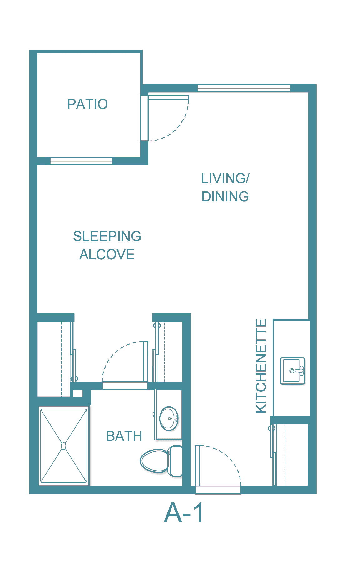 Studio apartment floor plan with a living/dining area, sleeping alcove, bathroom, and kitchenette.