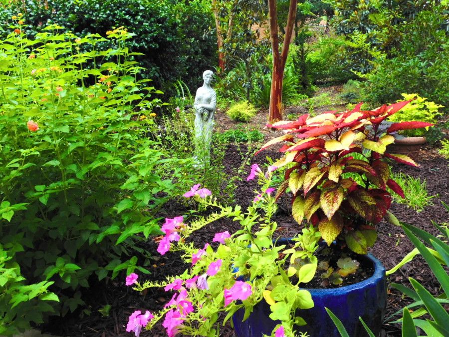 A vibrant garden featuring diverse foliage, colorful flowers, and a serene statue centerpiece.