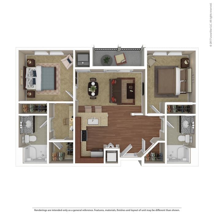 A floor plan of a two-bedroom apartment with a central living area, kitchen, and two bathrooms.