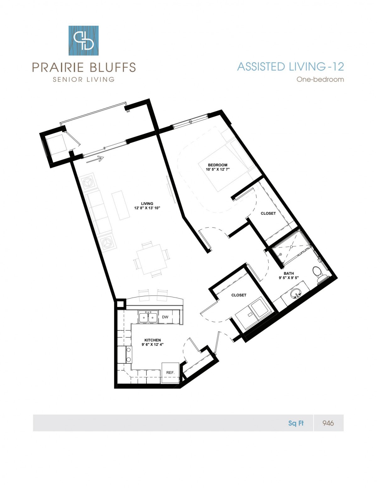 A detailed floor plan of an apartment unit at Prairie Bluffs, showcasing room dimensions and layout.