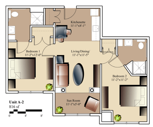 This image depicts a detailed floor plan of an apartment with three bedrooms, a living/dining area, kitchen, and bathrooms.