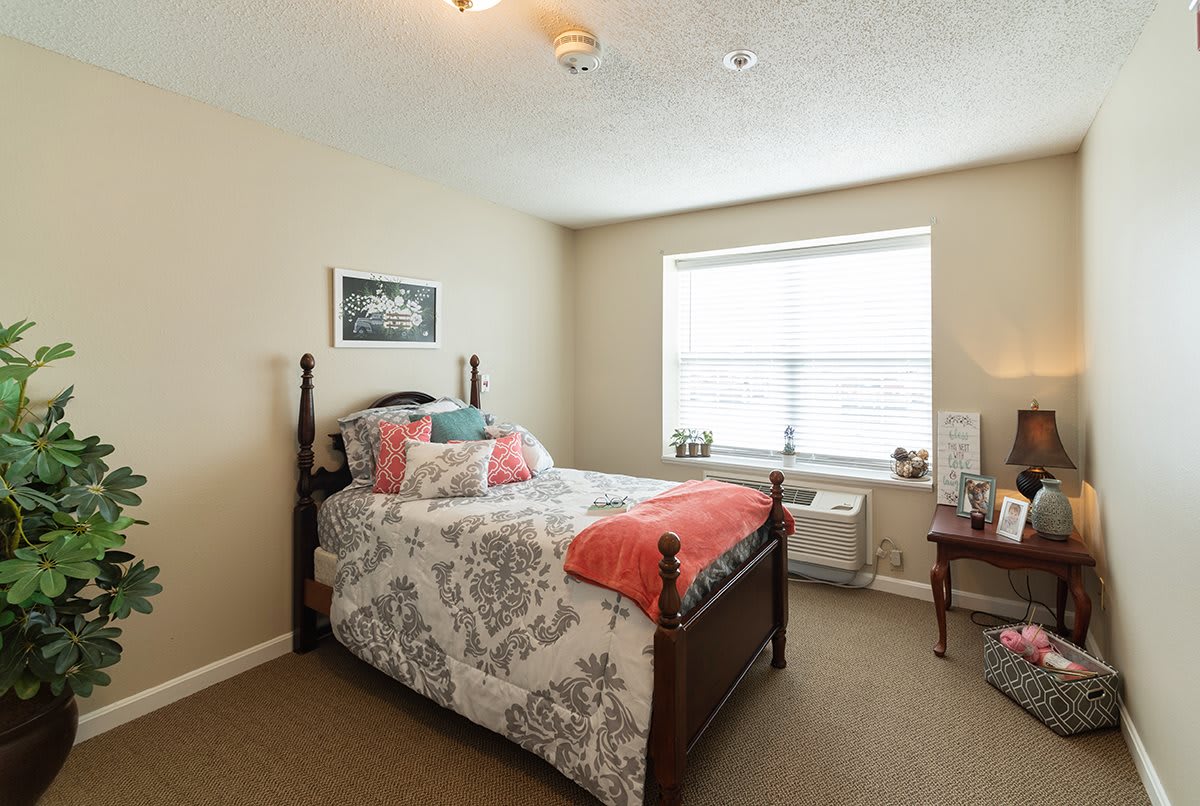 A cozy bedroom with a neatly made bed and light streaming in through the window.