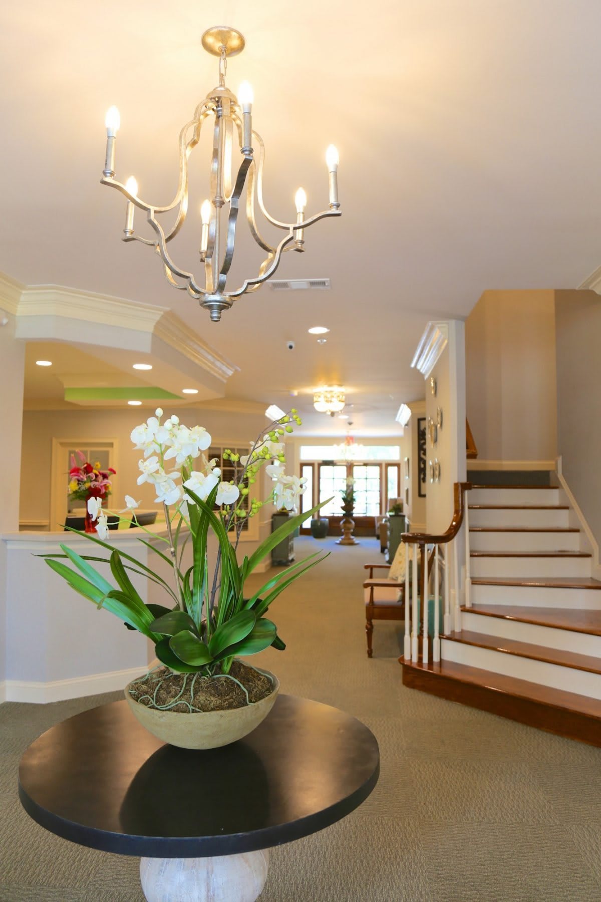 A modern living room with a staircase and chandelier, featuring an orchid plant centerpiece.