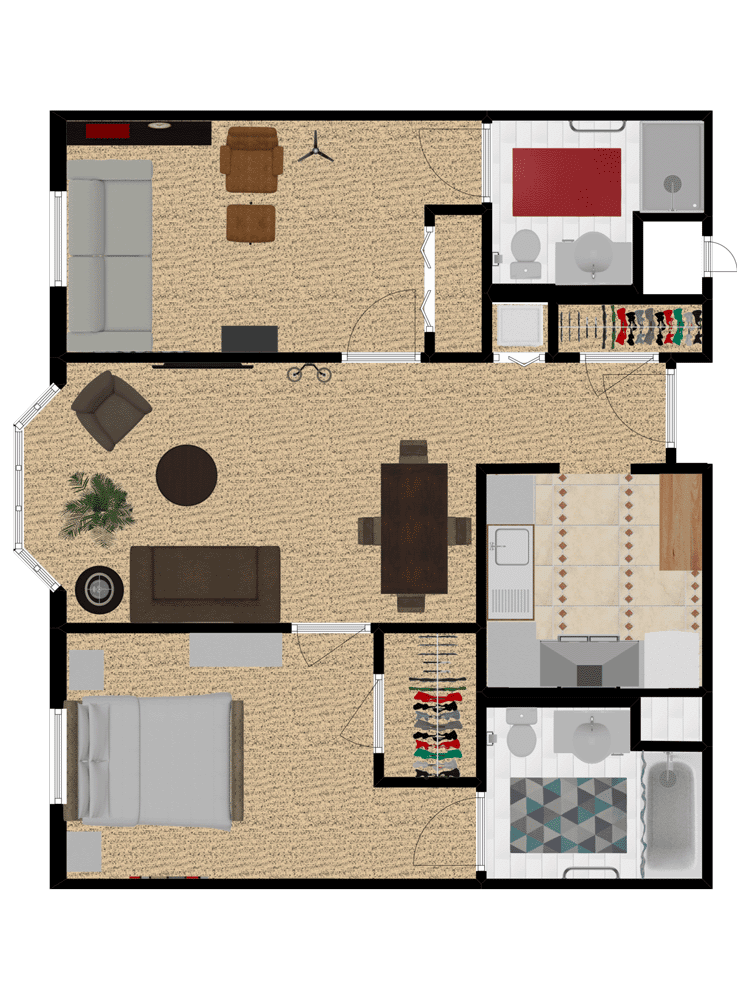 A detailed floor plan of an apartment, showcasing the layout and furniture arrangement of various rooms.