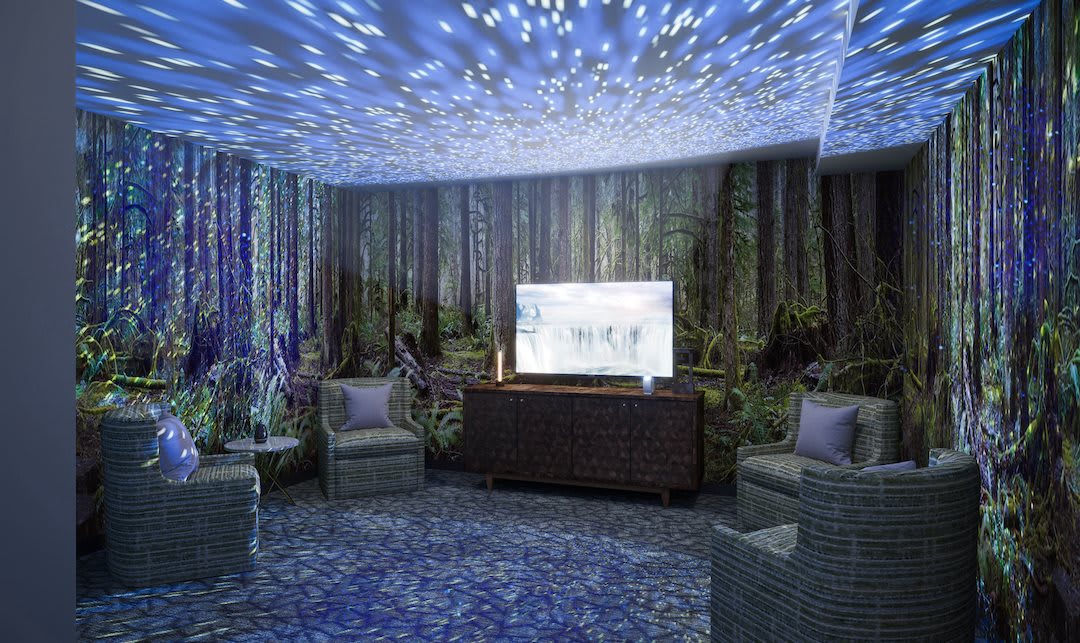 A cozy room with ambient lighting, featuring a starry ceiling and a forest-themed decor.