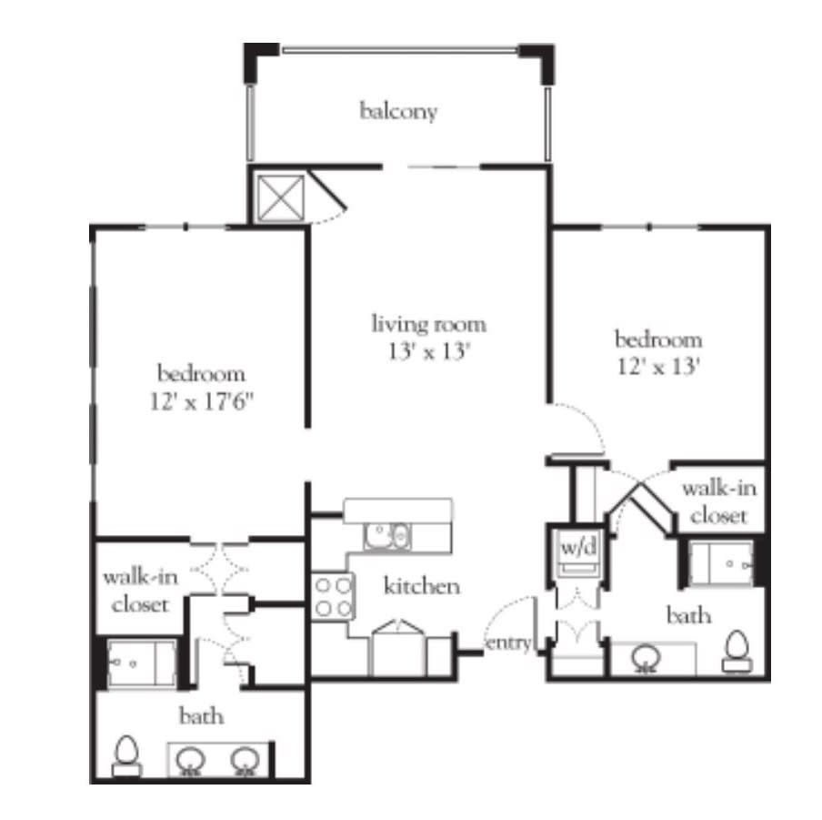 A blueprint of an apartment showing the layout of rooms including a living room, two bedrooms, kitchen, and two bathrooms.