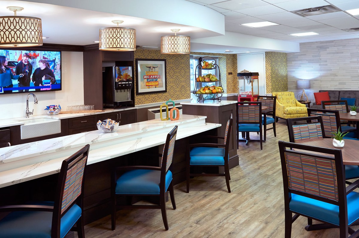 A modern lounge area with comfortable seating and stylish decor.