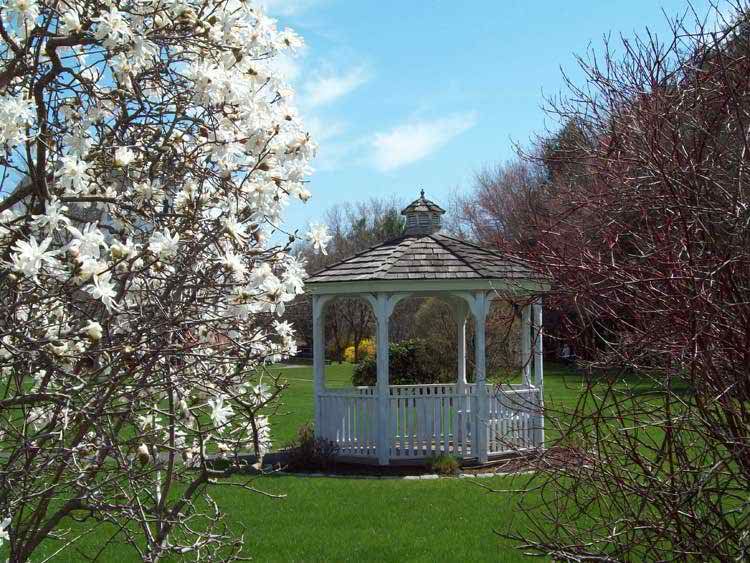A scenic view of a white gazebo surrounded by blossoming trees and green grass in a garden setting under a clear blue sky.