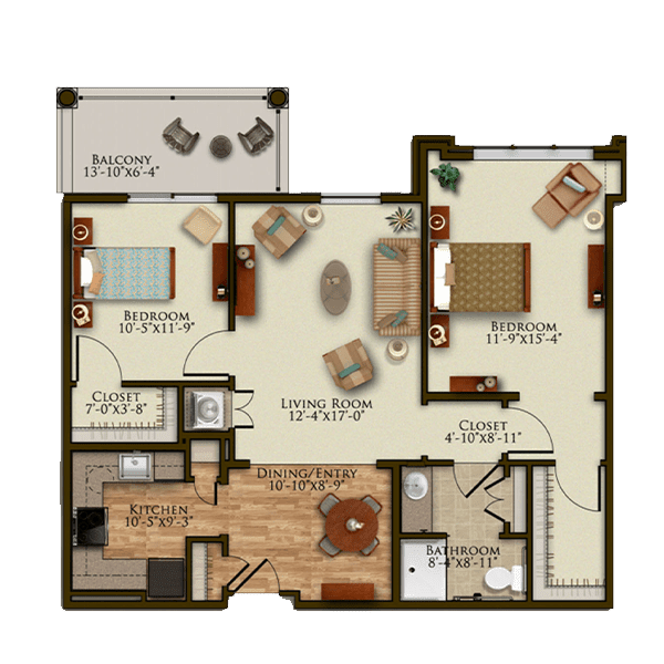 A detailed two-bedroom apartment floor plan with labeled rooms and furniture arrangement.