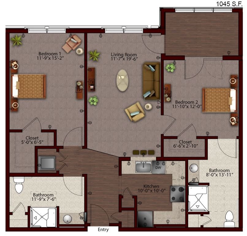 A floor plan of a two-bedroom apartment featuring a kitchen, living room, and two bathrooms.