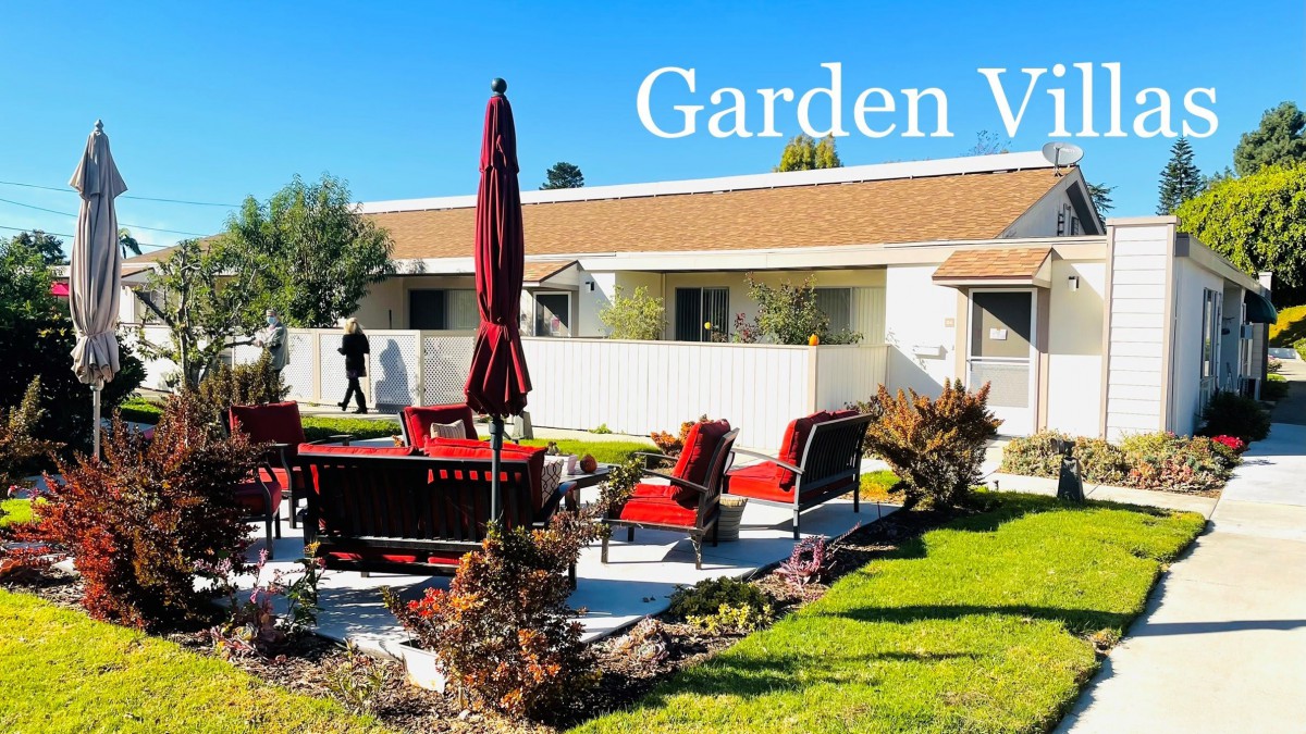 Outdoor garden view with patio furniture on a sunny day.