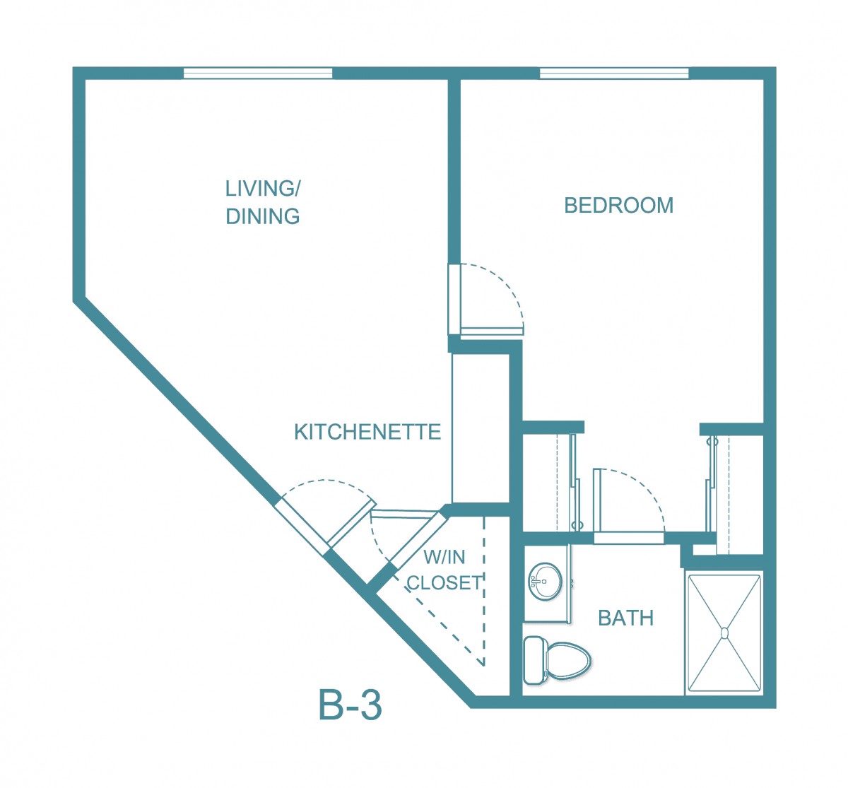 Floor plan of a compact apartment with a living/dining area, bedroom, kitchenette, and bathroom.