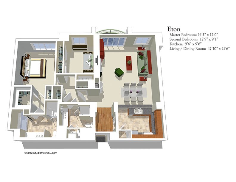 A detailed floor plan of an apartment, showcasing a two-bedroom, two-bathroom layout with kitchen and living areas.