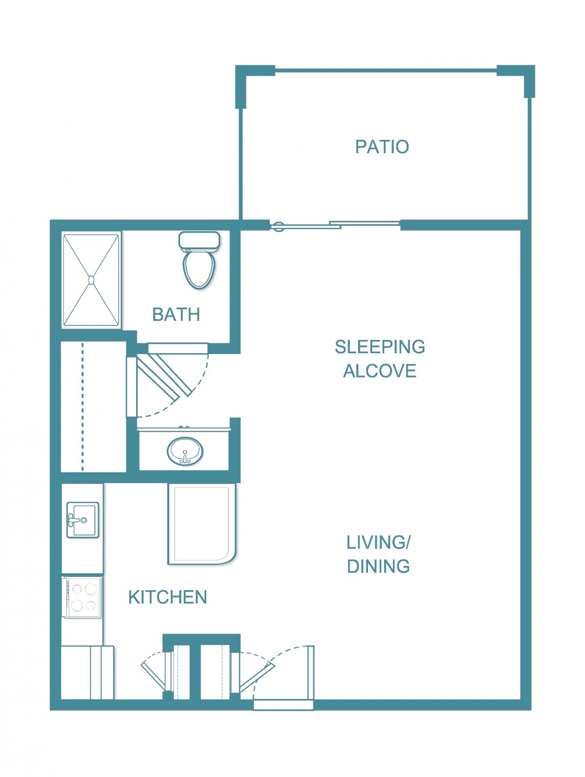 A studio apartment floor plan featuring a living/dining area, kitchen, bathroom, sleeping alcove, and a patio.