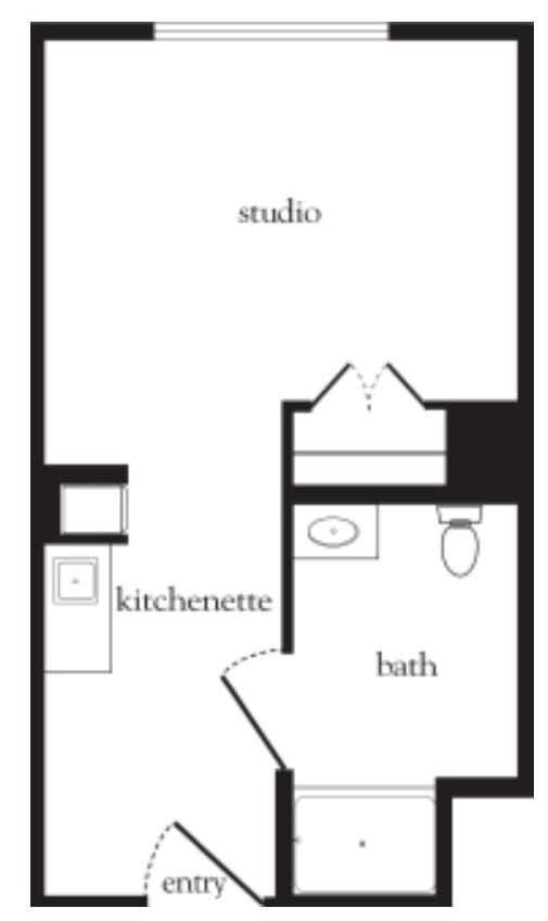 Floor plan of a studio apartment with kitchenette and bathroom.